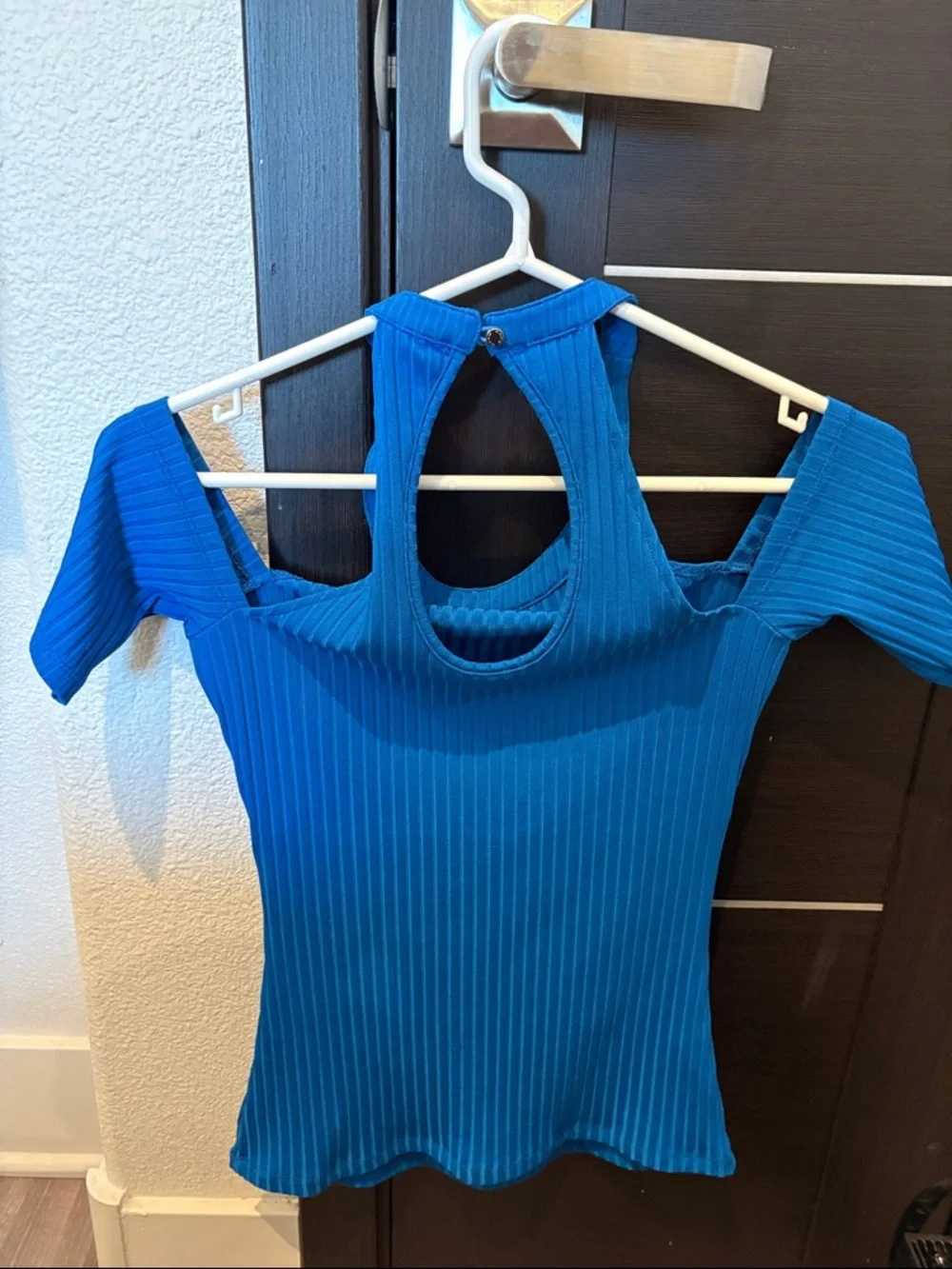 Bebe Bright Blue Ribbed off Shoulder Top - Picture 2 of 3